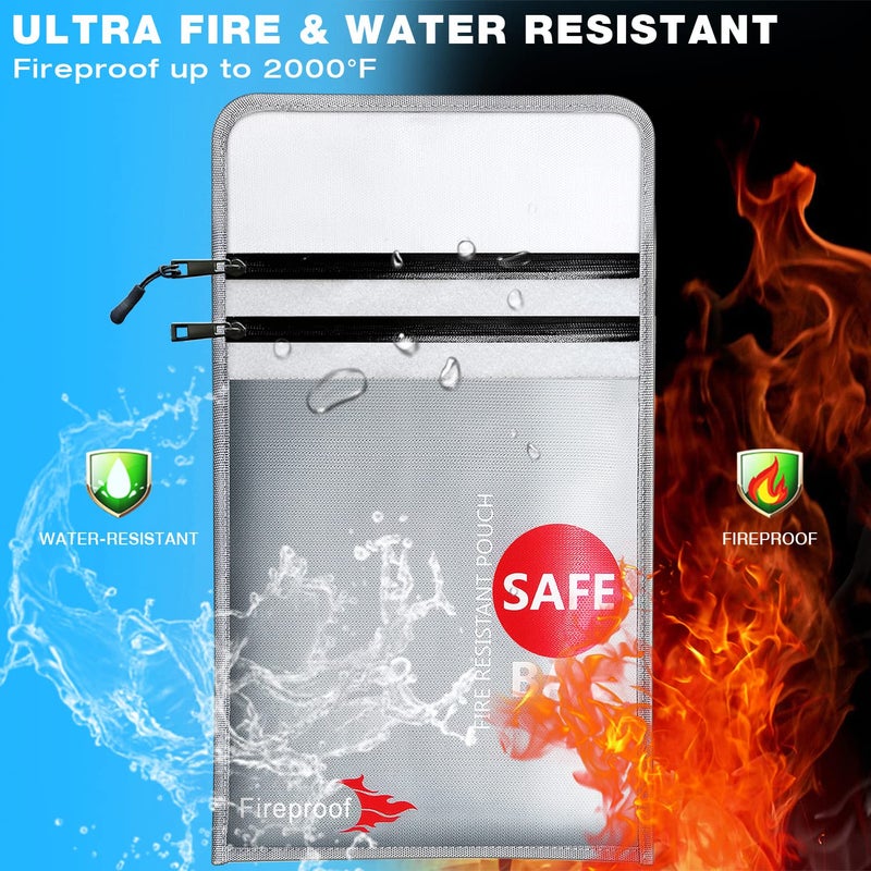 COLCASE Fireproof Document Bag Upgraded 2 Pockets (2000 â„‰)15 x 11 Inches Silicone Coated Fireproof and Waterproof Bag Fireproof Safe Bag Storage for Money, Documents, Jewelry and Passport Silver - Image 2